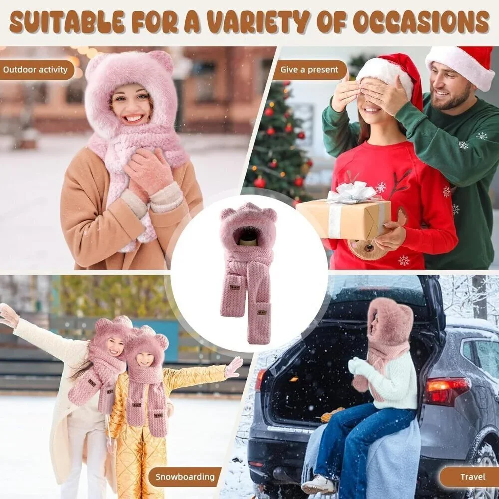 Women's Pink Winter Cute Bear Ear Hat Scarf 3 In 1 Faux Fur Gloves Set